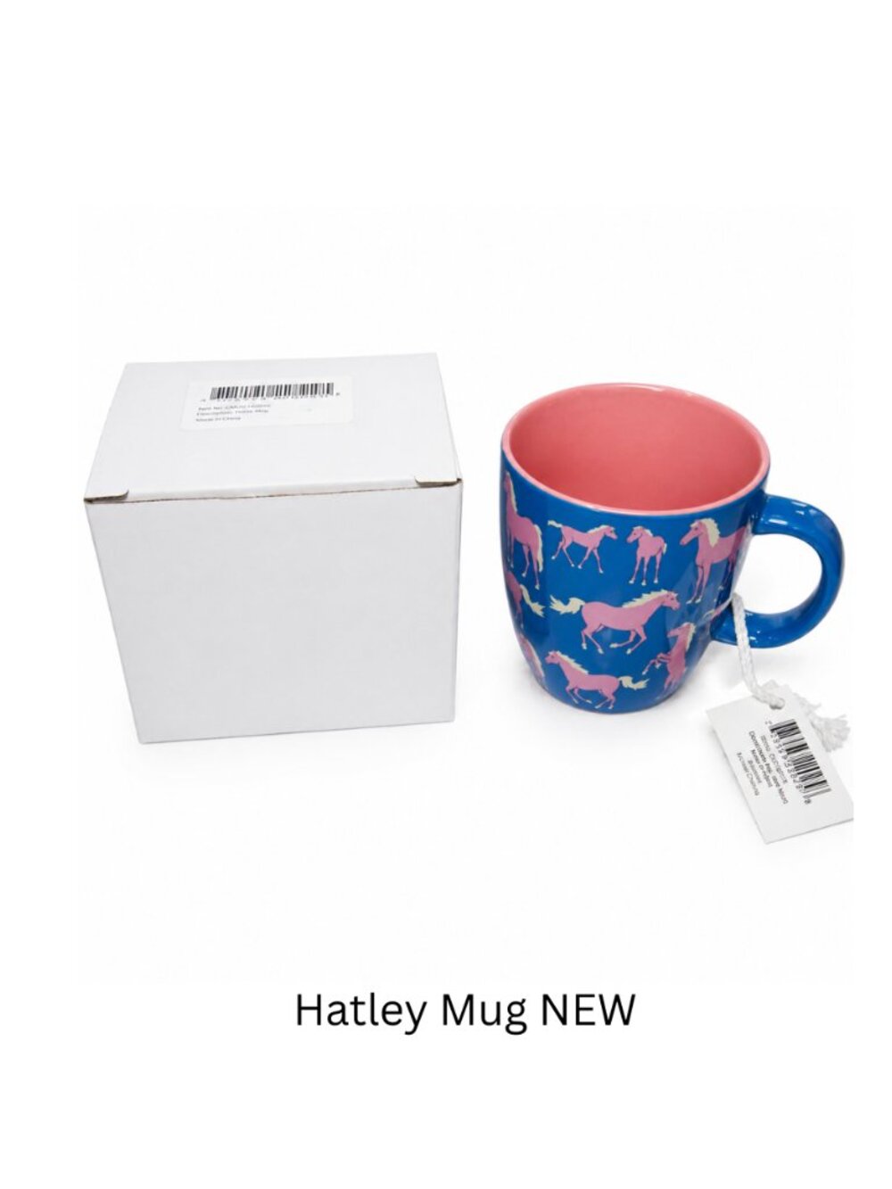 New in Box Hatley ceramic mug horse design blue and pink